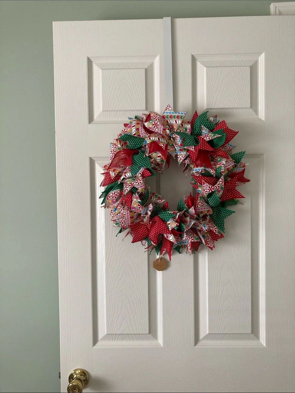 HANDMADE CHRISTMAS FARMHOUSE RIBBON RAG WREATH COTTAGECORE POLKA DOT RED GREEN